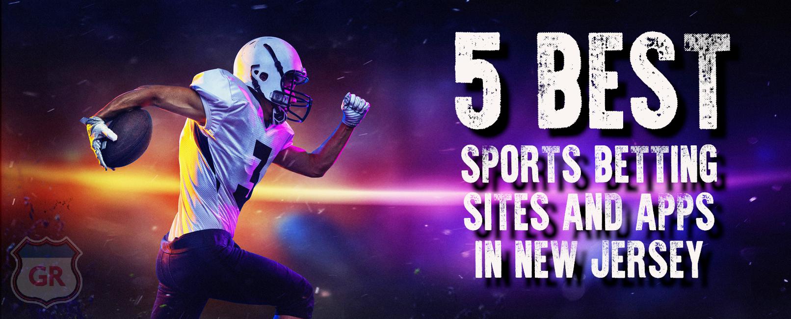 A football player running against a dark background. on the right side is text that reads "top 5 sports betting sites & apps in new jersey"