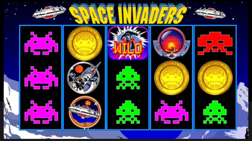 Space Invaders video slot machine, featuring classic 8-bit graphics of aliens, rockets, spaceships, & other icons from the game. The Space Invaders slot features 20 win-lines spread across the classic 5×3 configuration & boasts plenty of bonus features.