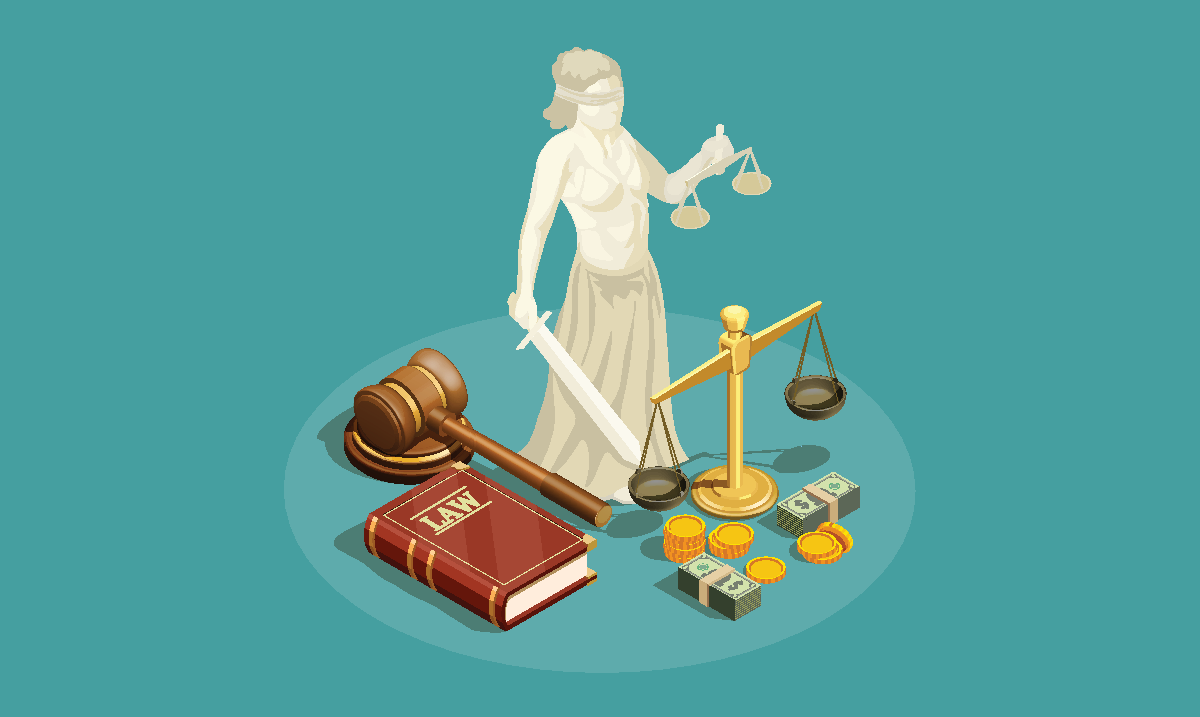 Isometric illustration including judge's gavel, scales, statue of blndfolded justice and stacks of money -- represents the fines and legal trouble that DraftKings found itself in after allowing a bettor to place high stakes wagers via a friend in NJ.