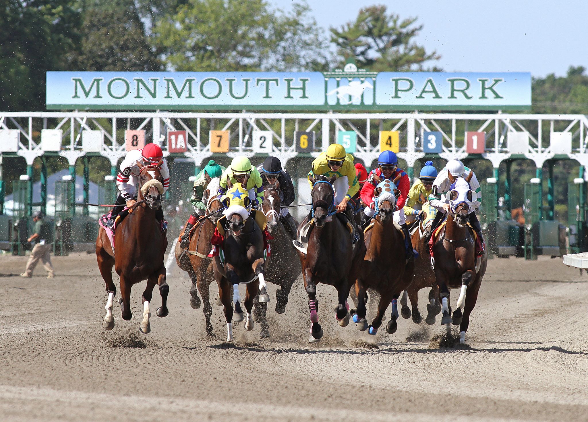 horses and jockeys are seen competing in a race at Monmouth Park in New Jersey, where fixed odds betting will debut this weekend along with the $2 million video board furnished by BetMakers