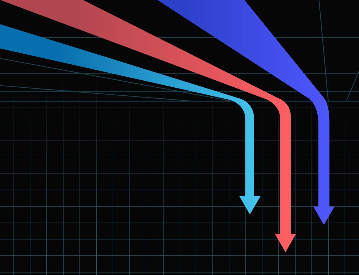 colorful arrows poitning downwards against a dark background with a grid