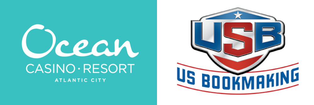 Ocean Casino logo on a solid blue background on the left and the US Bookmaking logo on the right. USB to open a retail sportsbook at the NJ Ocean Casino through its parent co Elys' partnership with the Casino